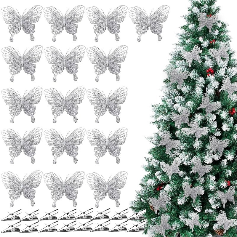 Christmas Wreath Fake - Papillons artificiels creux à paillettes argentées